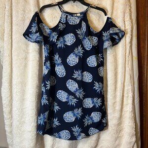Japna Blue Cold Shoulder Halter Dress Pineapple Print Cover Up Size Medium NWOT